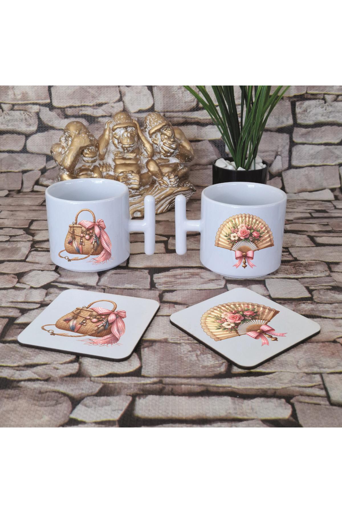 Yaz Temalı Pembe Bohem Baskılı 4'lü Set Ahşap Bardak Altlığı ve Latte Fincanı T Kulplu Kupa Bardak