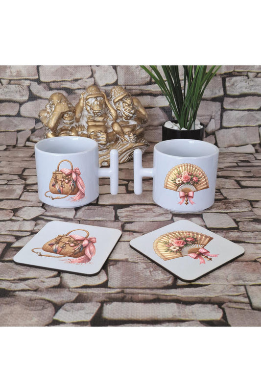 Yaz Temalı Pembe Bohem Baskılı 4'lü Set Ahşap Bardak Altlığı ve Latte Fincanı T Kulplu Kupa Bardak