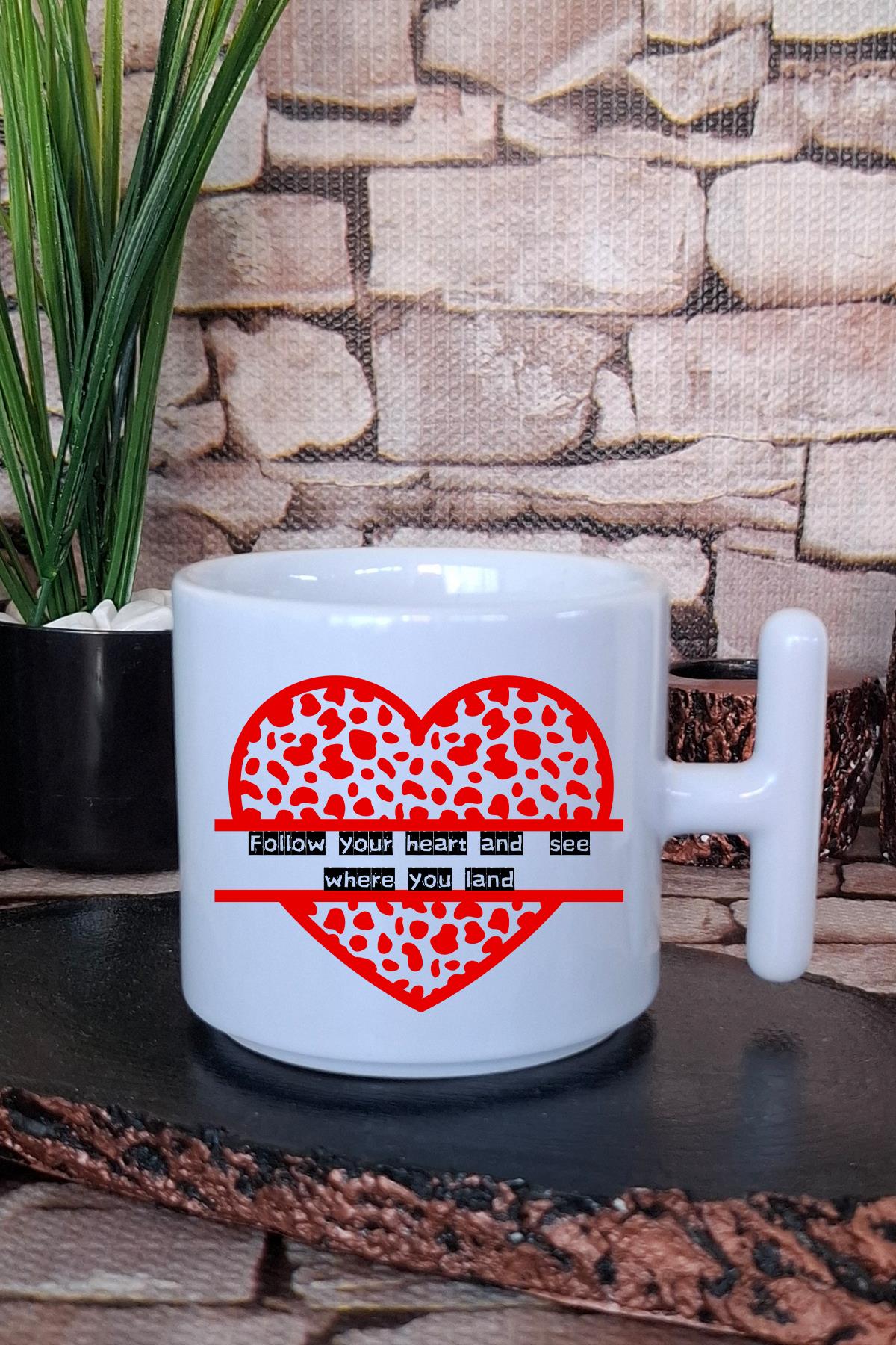 Yazı ve Kırmızı Kalp Baskılı T Kulplu Latte Fincanı Kupa Bardak