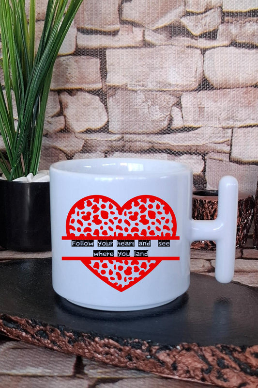 Yazı ve Kırmızı Kalp Baskılı T Kulplu Latte Fincanı Kupa Bardak