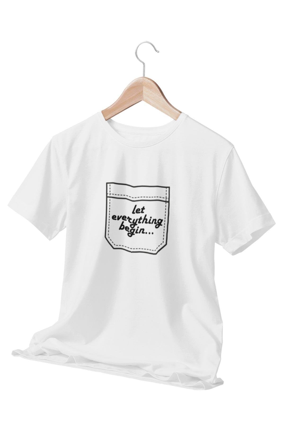 Yeni Başlangıçlar Manifestosu- ''let Everything Begin...'' Yazılı Eğlenceli Beyaz Unisex T-shirt
