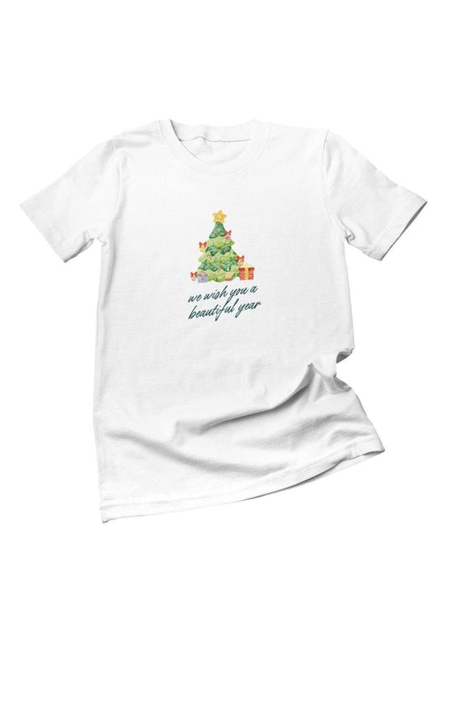 Yeni Yıl Yılbaşı Temalı We Wish You A Beautiful Year Baskılı Hediyelik Beyaz Unisex T-Shirt