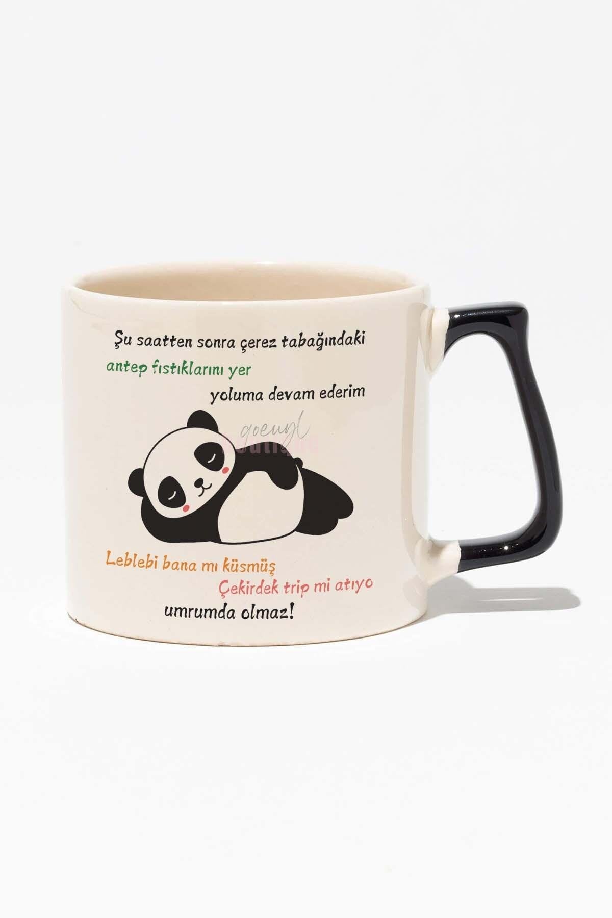 Yoluma Devam Ederim -Panda Hediyelik Eğlenceli Beyaz Baskılı Siyah Kulplu Modern Seramik Kupa