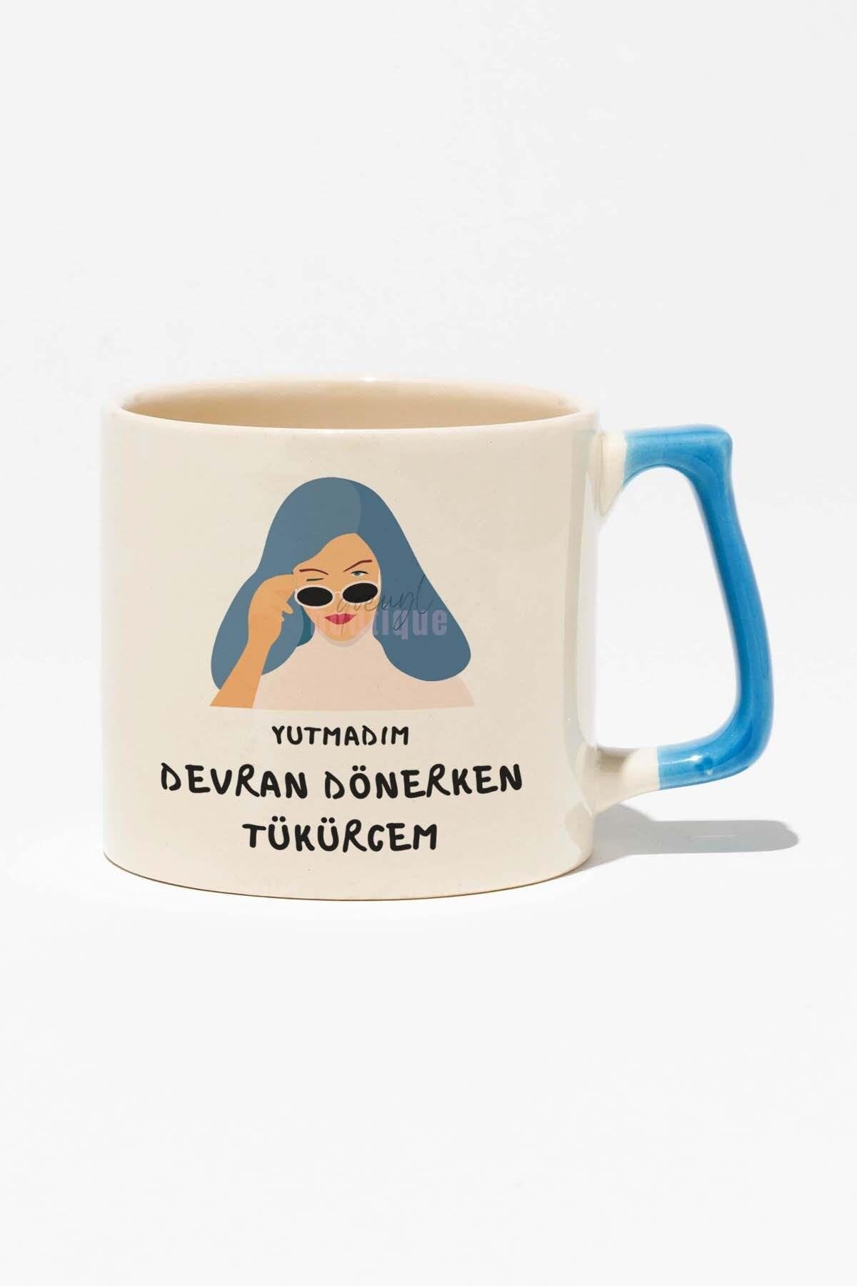 Yutmadım Bekliyorum Eğlenceli Giderli Hediyelik Beyaz Baskılı Mavi Kulplu Modern Seramik Kupa