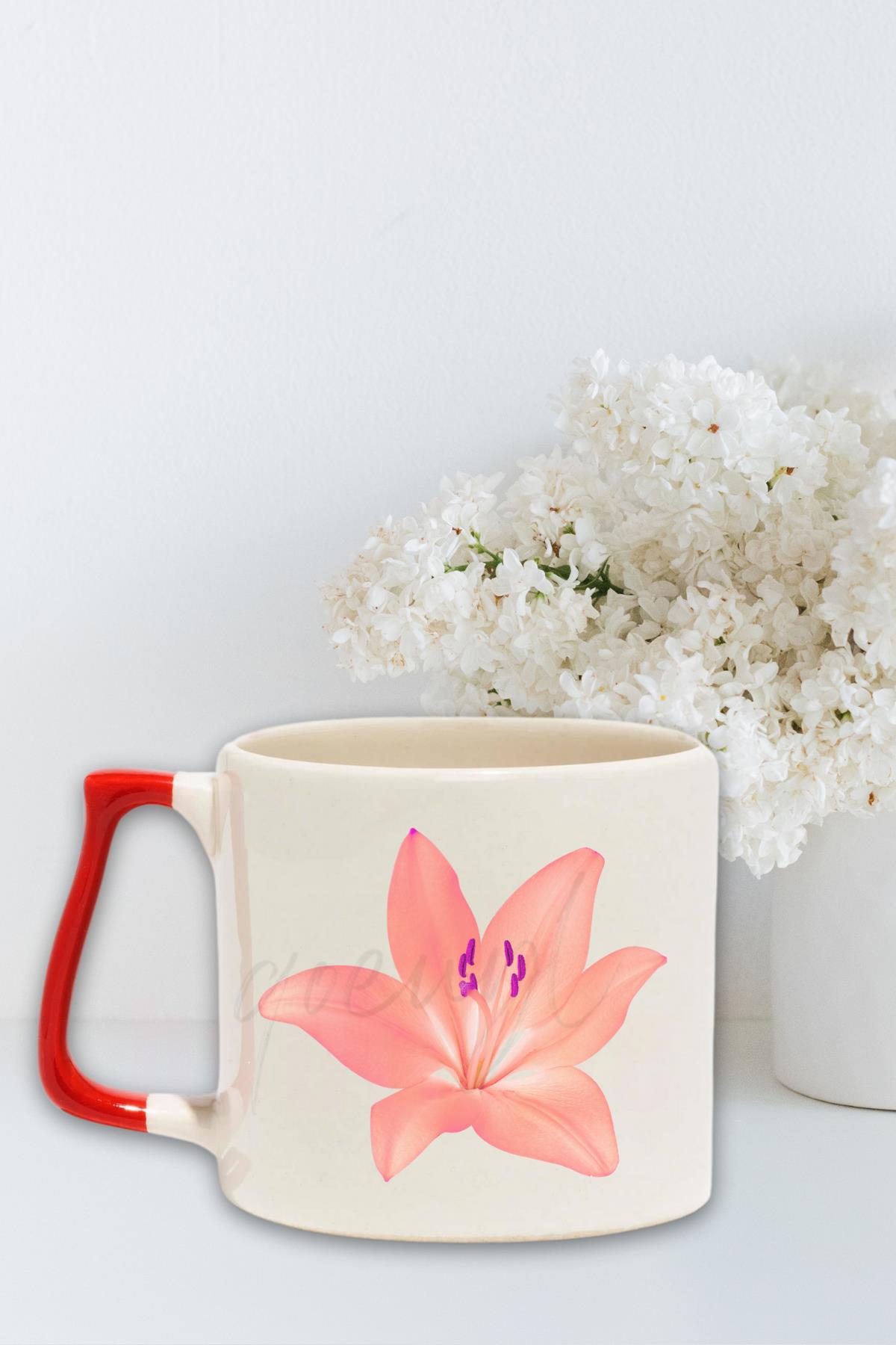 Zambak Çiçek Baskılı Hediyelik Renkli Kulplu Modern Seramik Kupa