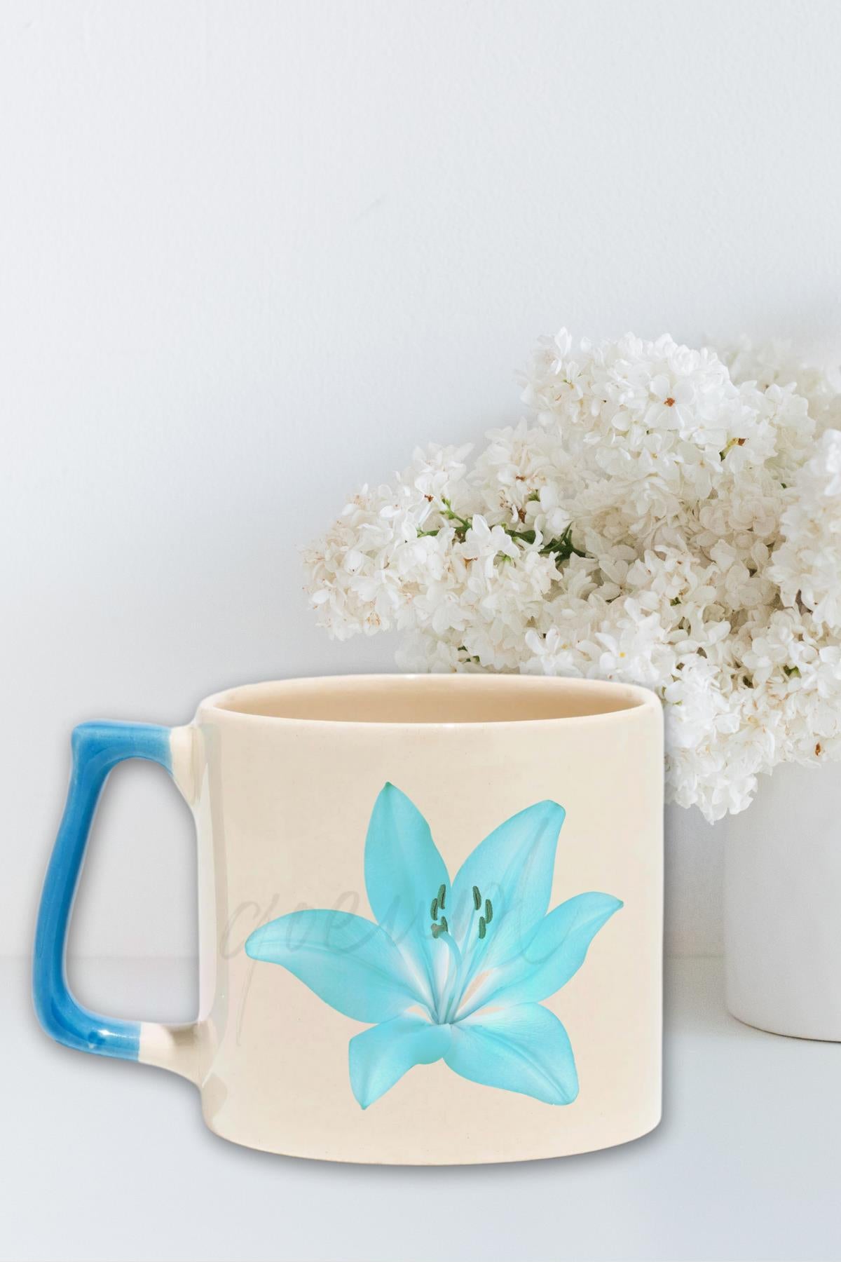 Zambak Çiçek Baskılı Hediyelik Renkli Kulplu Modern Seramik Kupa